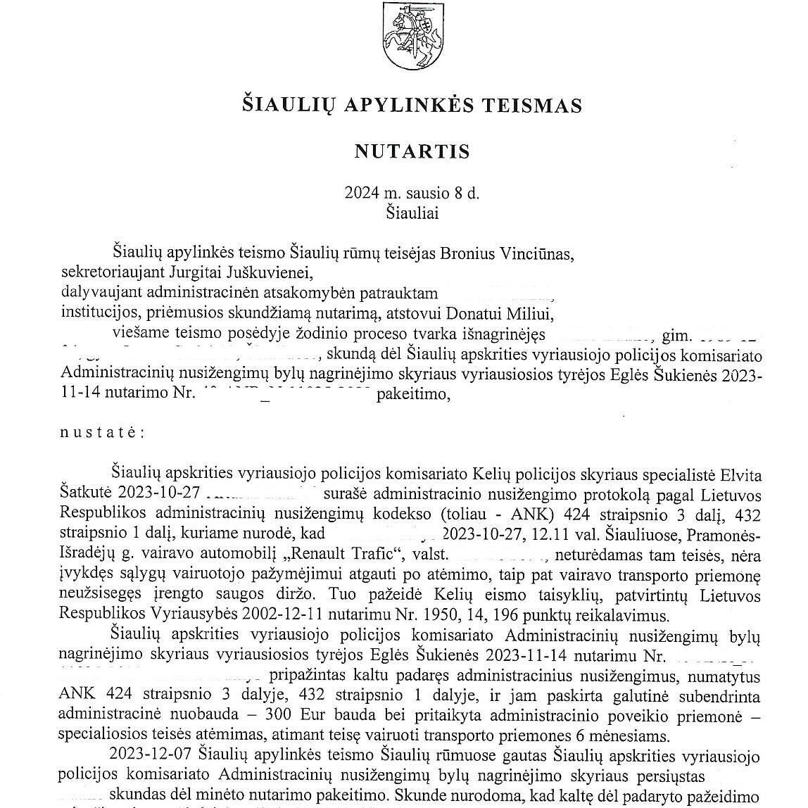 Vairavimas be teisės: apeliacijoje atėmimas panaikintas – sprendimas, 2 psl.